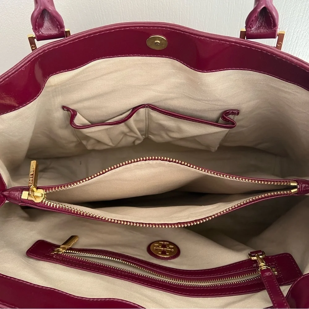 Tory Burch Burgundy Patent Leather Tote Structured Work Bag